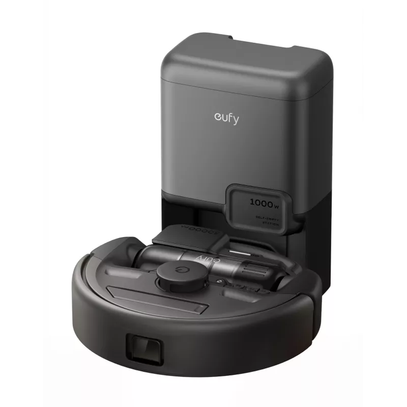 Robot vacuum Eufy E20 Black — round, dust-bag base station, 150 min runtime, 35 cm diameter
