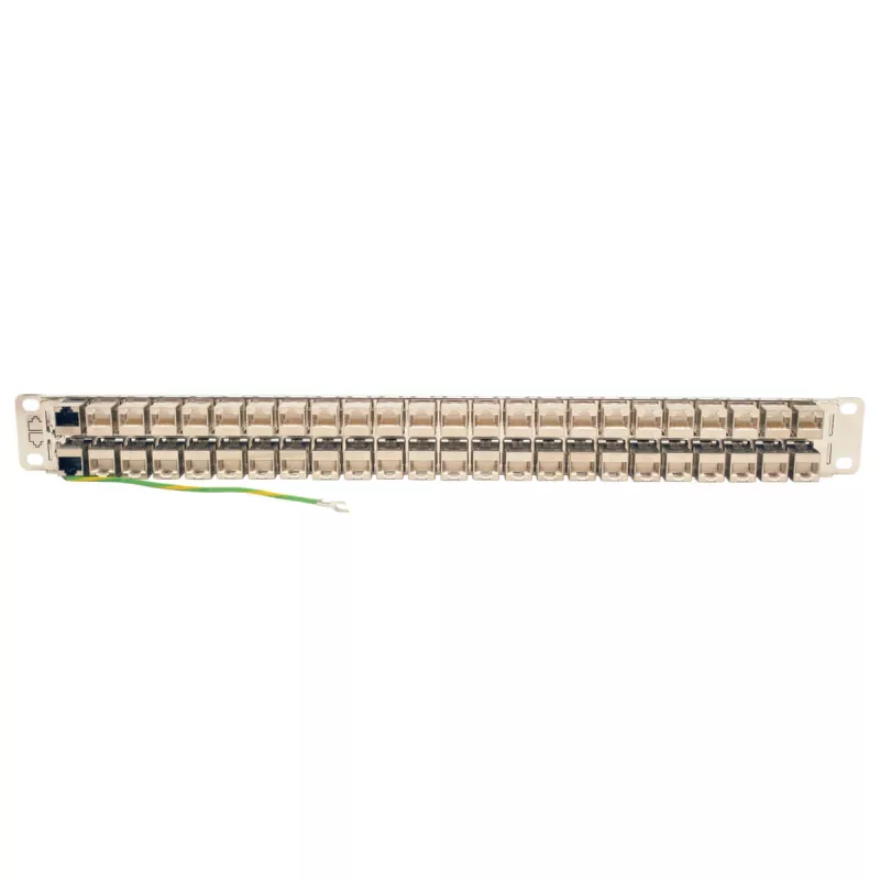 Tripp N254-048-SH-6A 48 Ports 1 HE rack mounting shielded Cat6a STP Feed-Through Patch Panel - RJ45 Ethernet - TAA - 10 Gigabit Ethernet - RJ-45 - Cat6a - Silver - White - Rackeinb
