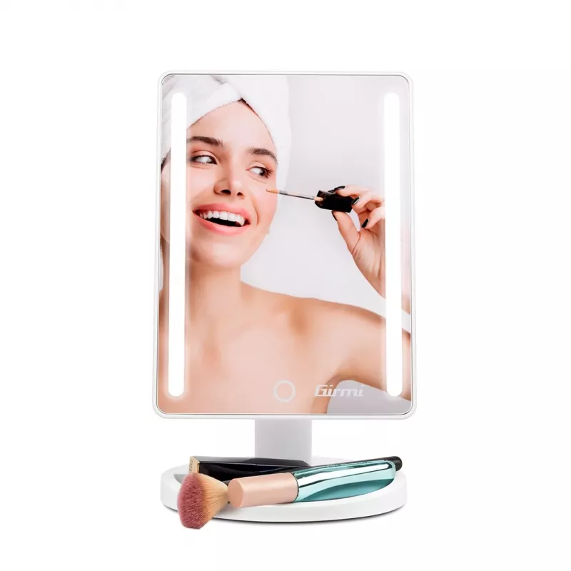 Freestanding Makeup Mirror Girmi BE04 — Rectangular 1x Magnification, White LED, USB/4×AA, 180° Rotation