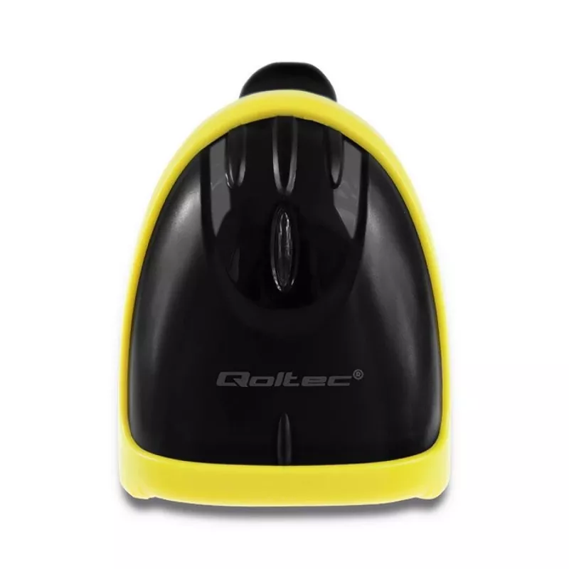 Handheld barcode reader QOLTEC 50867 — 1D/2D laser scanner, USB wired, 600 mm range, yellow/black