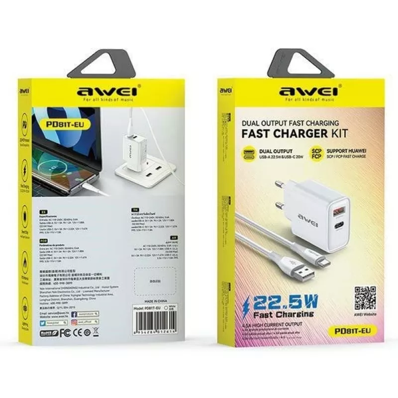 Awei mains charger PD81T-EU 22.5W with USB cable and USB-C, white, GaN