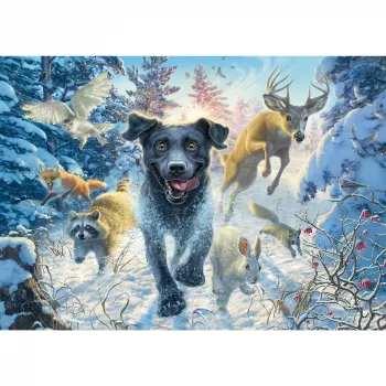 Mark Fredrickson: dog love - black Labrador in snow, Puzzle 1000 Pieces
