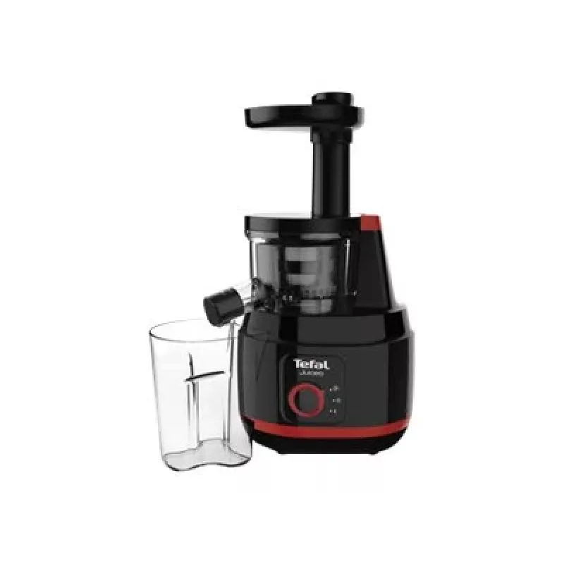 Slow juicer Tefal Juiceo ZC150 — 150 W, 4.5 cm feeding tube, 0.8 L juice & pulp containers, 80 RPM, Black/Red