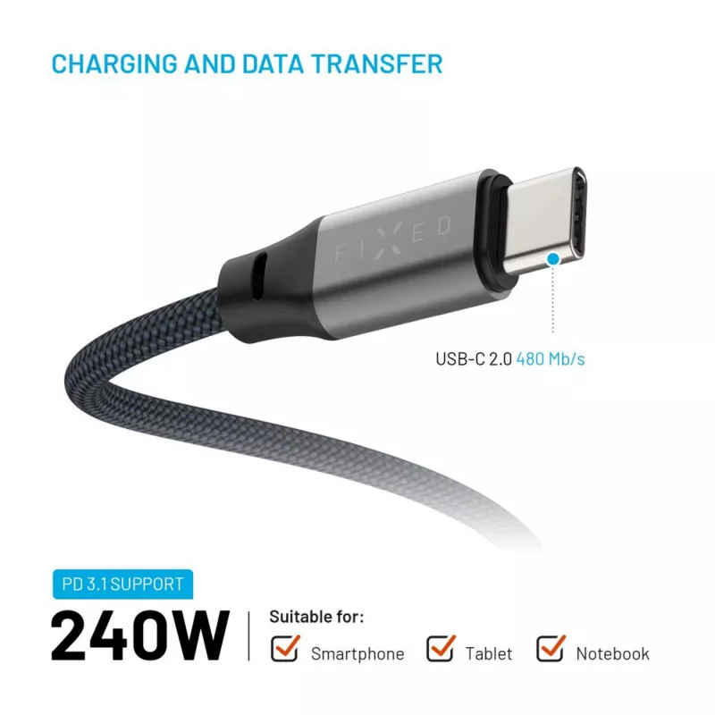 USB-C to USB-C Magnetic Braided Cable FIXED FIXDBM-CC12-GR, USB 2.0, 1.2 m, gray