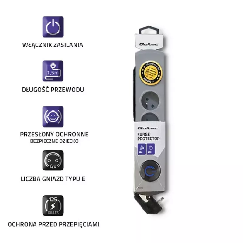 Surge Protector Qoltec 50163 Grey 4 AC Outlets 230V 1.5m