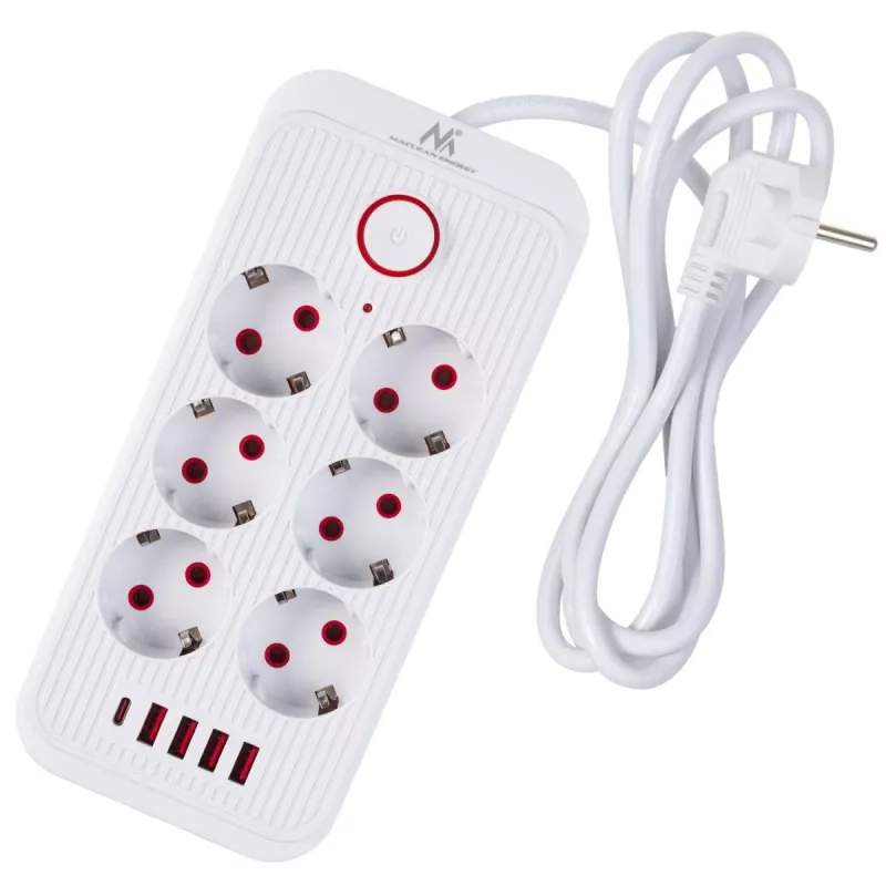 Power strip MACLEAN MCE389 W — 6 sockets, 4×USB-A, 1×USB-C, 2500W, 110–240V, 1.5 m cable, white