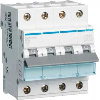 Hager MBN416. Rated Current: 16 A. Type: B-type, Module Quantity (max): 4 Module(e). Width: 70 mm, Depth: 70 mm, Height: 83 mm (MBN416)