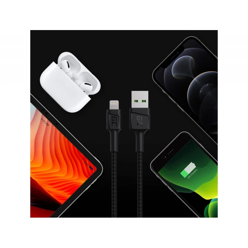 Lightning cable Green Cell KABGC18 — 2 m, Lightning to USB-A, black