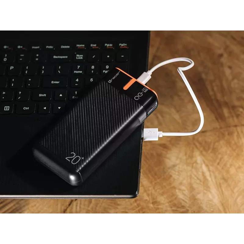 Portable charger TRACER EnerGen 20000 mAh, Power Delivery 20W, USB-C input, 2×USB-A outputs, 3-device support, orange