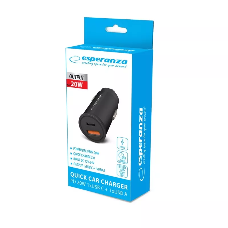 Car USB charger ESPERANZA EZC111K, 20W (USB-C PD 20W + USB-A QC3.0), 12–24V input, black