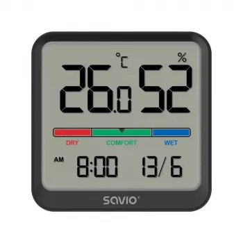 Indoor temperature and humidity sensor SAVIO CT-01/B freestanding, LCD, -10–55°C, 10–99% RH, CR2032