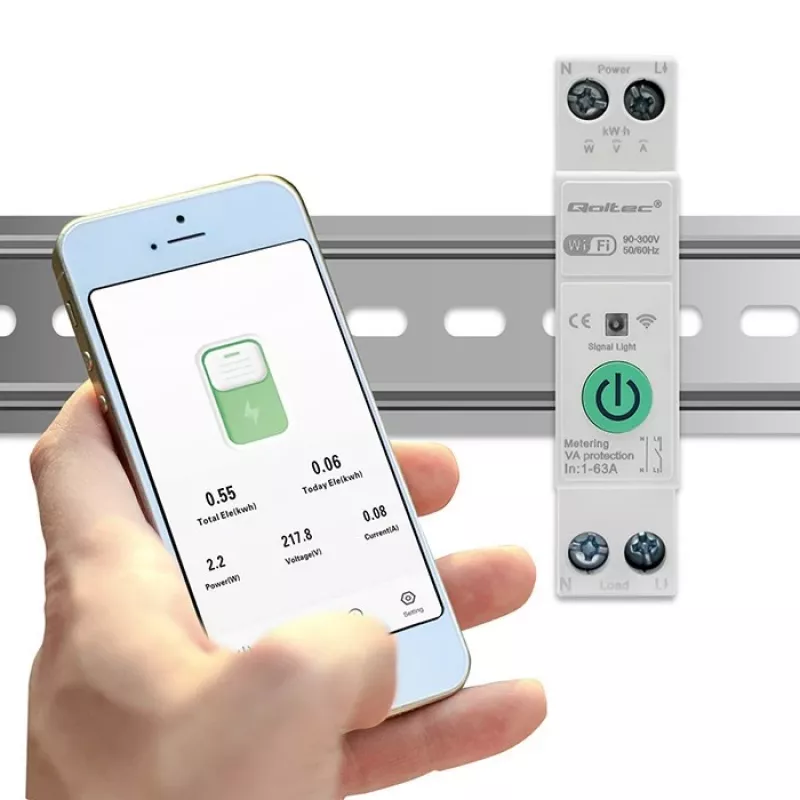 DIN-rail WiFi relay QOLTEC 50881 — mains switching relay 63A for electrical installations
