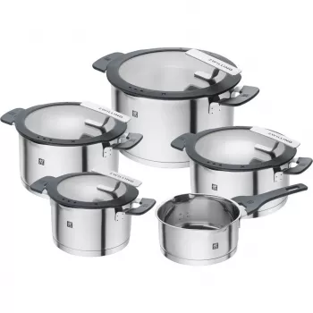 ZWILLING stainless steel pan set SIMPLIFY 5 pcs — dishwasher & oven safe, glass lids, suitable for ceramic hobs