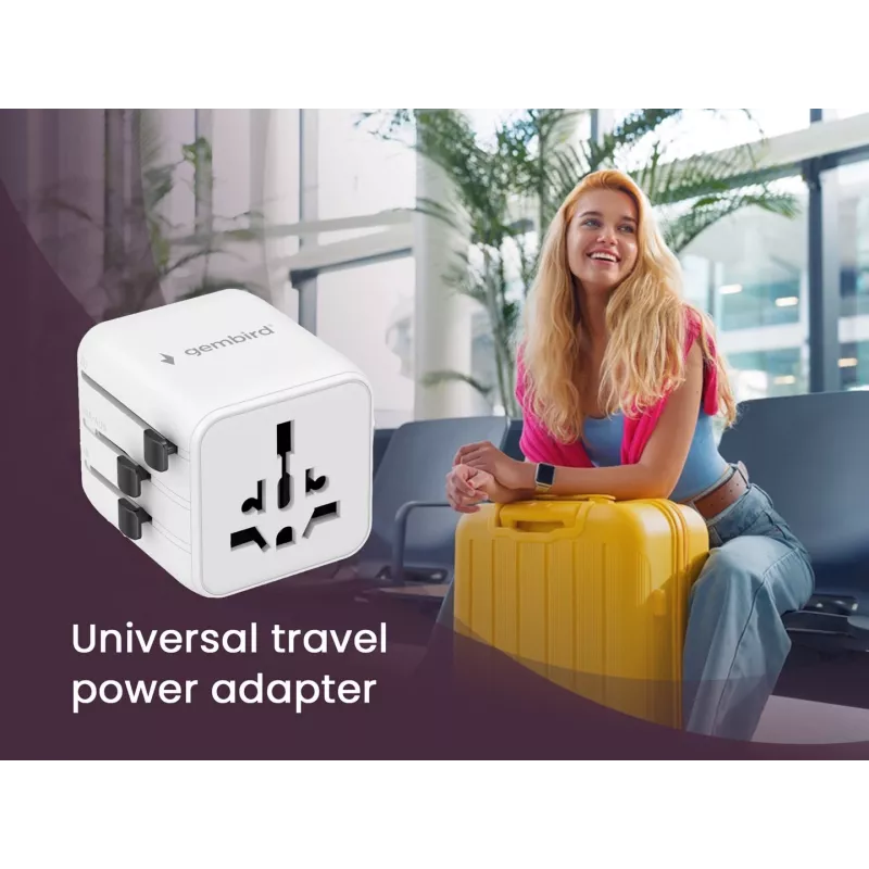Universal travel power adapter GEMBIRD TPA-INT-01-W — input 100–250V, Type G plug, compact dimensions 84×56×85 mm