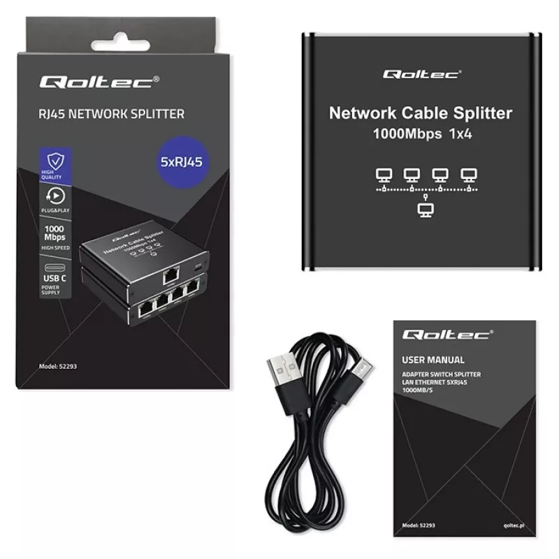 Ethernet mini switch QOLTEC 52293 1x4 RJ45, 1-in 4-out unmanaged network splitter
