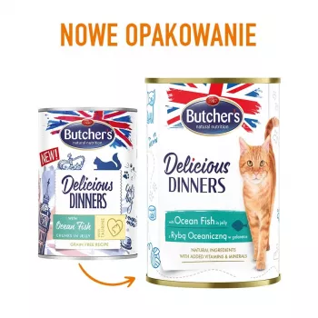 Wet cat food butcher's Delicious Dinners Ocean Fish Chunks in jelly 400 g, fish flavor, senior, can