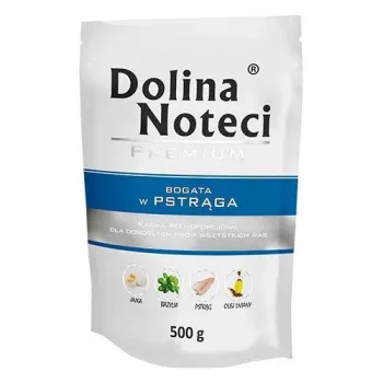 Wet dog food dolina noteci Premium Rich in Trout 500 g — complete adult dog wet food, 79% moisture, 11% protein, 5% fat