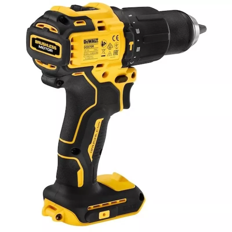 Cordless drill DeWALT DCD709N-XJ, brushless 18V, 2-speed, 1650 RPM, 65 N·m, keyless chuck 1.5–13 mm, 1.2 kg