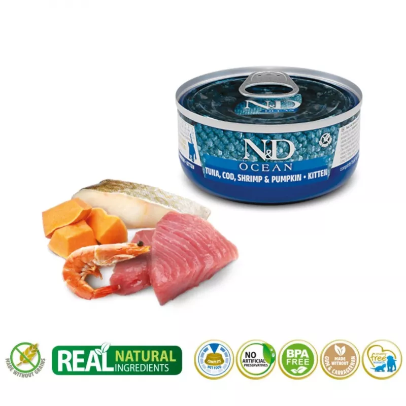 Wet cat food Farmina N&D Ocean Kitten Tuna, Cod & Shrimp with Pumpkin 70 g can