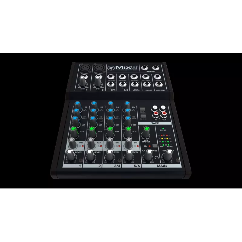Mixer Mackie Mix8 — 8-channel compact analog mixer, 20–30000 Hz, 3800 Ω mic input, 198×244×53 mm