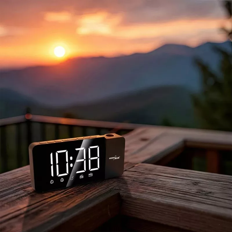 Digital LED clock radio GreenBlue GB172 with FM tuner, projector, thermometer, USB 5V & CR2032 power