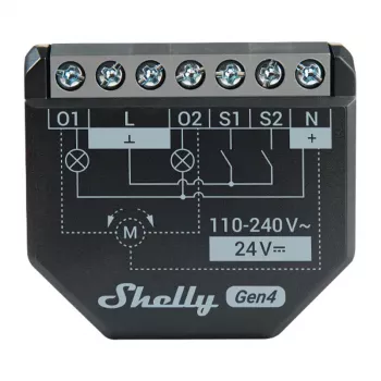 Shelly 2PM Gen4 blind/shutter actuator 2 channels, AC 110–240V, 2.4 GHz Wi‑Fi, 1.4 W, 8000 KB flash
