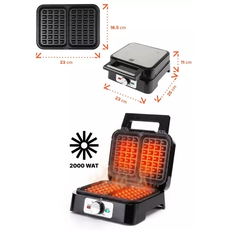 Waffle maker PROMIS WAP1600 — 2-portion rectangular plates, 1200 W, non-stick, thermostat, cool-touch handle, LED indicators