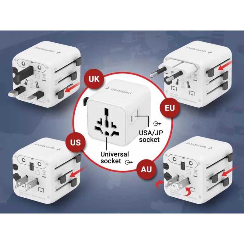 Universal travel power adapter GEMBIRD TPA-INT-01-W — input 100–250V, Type G plug, compact dimensions 84×56×85 mm