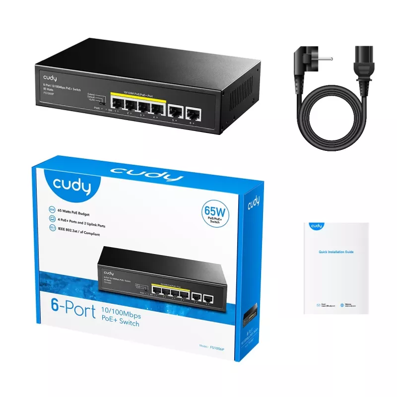 Network switch Cudy FS1006P Fast Ethernet 6-port (4 PoE, 1 PoE+) 10/100 Mbps, 1.2 Gbit/s bandwidth, metal housing, rack/wall mount