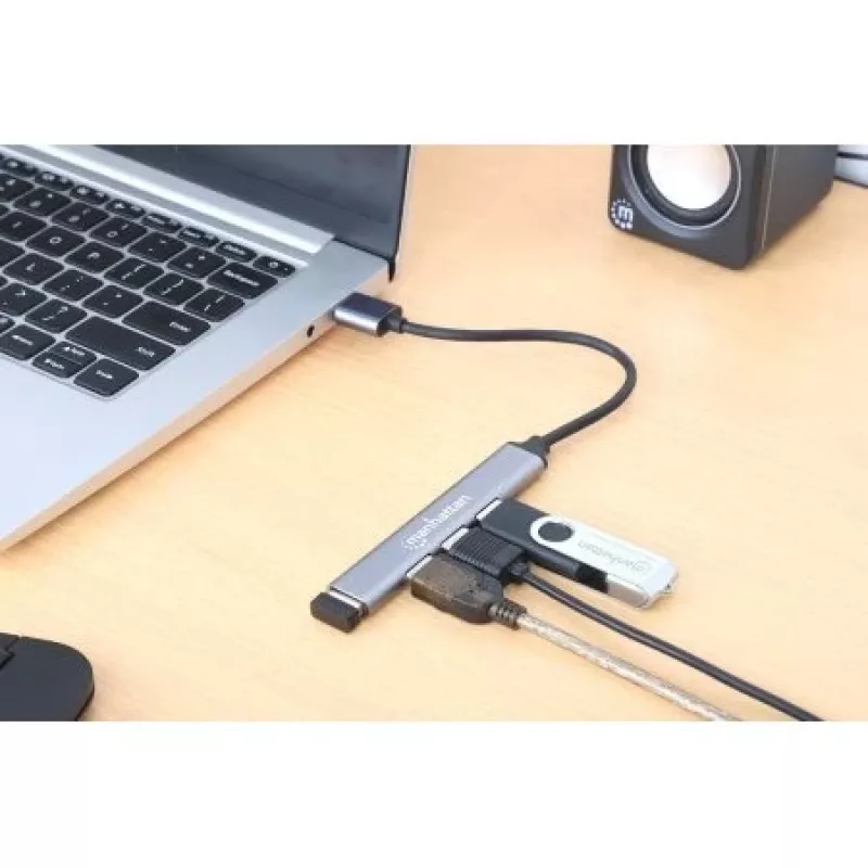 Manhattan USB-A 4-Port Hub, 4x USB-A Ports (1x 5 Gbps USB 3.2 Gen1 aka USB 3.0, 3 x 480 Mbps USB 2.0), USB powered (no external power supply required), Aluminium