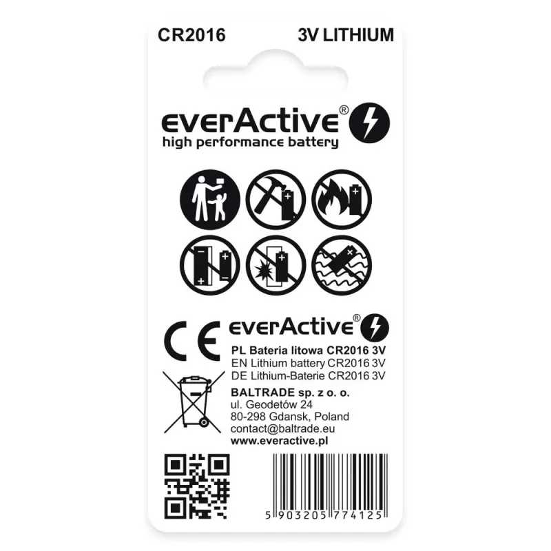 Coin cell lithium battery everActive CR2016 — 3V, 20 mm diameter, 1.6 mm height, pack of 2