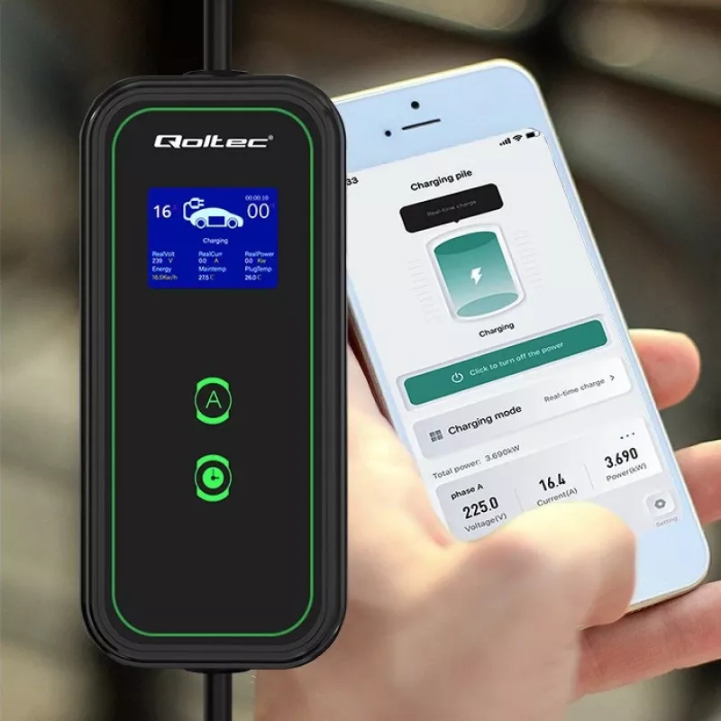 Qoltec Mobile EV Car Charger Adjustable 2in1 Type2 | 3.5kW | 230V | Wi-Fi | LCD | Portable | Wallbox | 5m