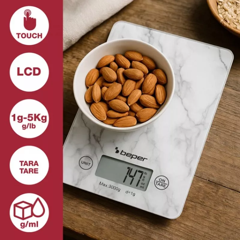 Kitchen scale Beper P102BIL004 - digital, 5 kg, 1 g, white marble