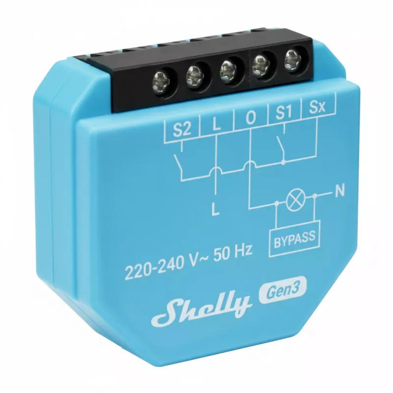 DIN‑mount dual relay module Shelly 2L Gen3, 2 channels, Wi‑Fi/Bluetooth, 220–240V AC, 50Hz, plastic housing