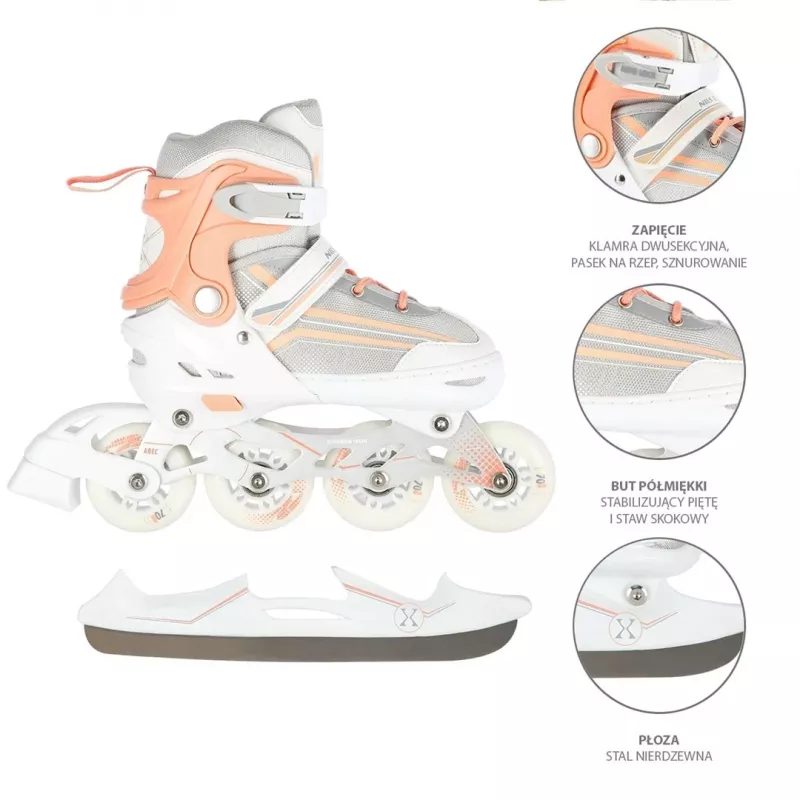 Nils Extreme NH18190 2IN1 Inline Skates WHITE/PINK SIZE. S (29-33) With Interchangeable Hockey Skates