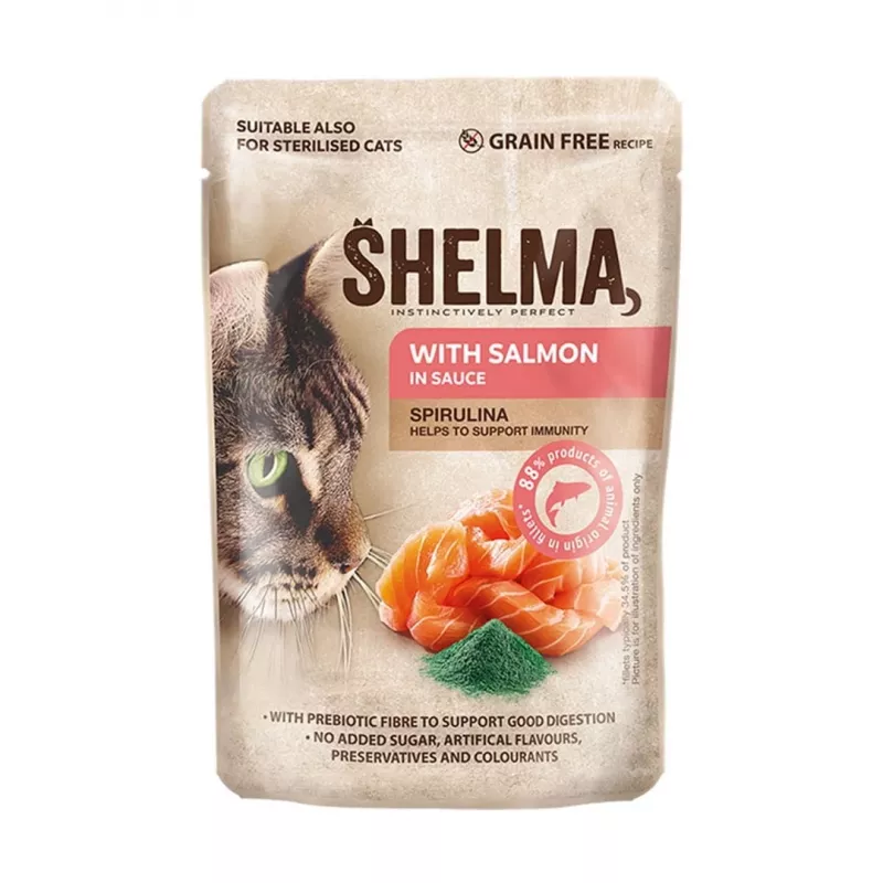 Wet cat food SHELMA pouch 4×85 g — adult complete feed with salmon, cod, beef, chicken