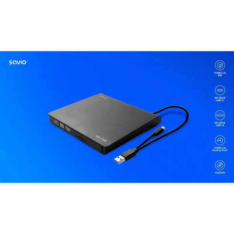 SAVIO AK-59 External slim CD/DVD Recorder R/RW - USB-C/USB-A, black