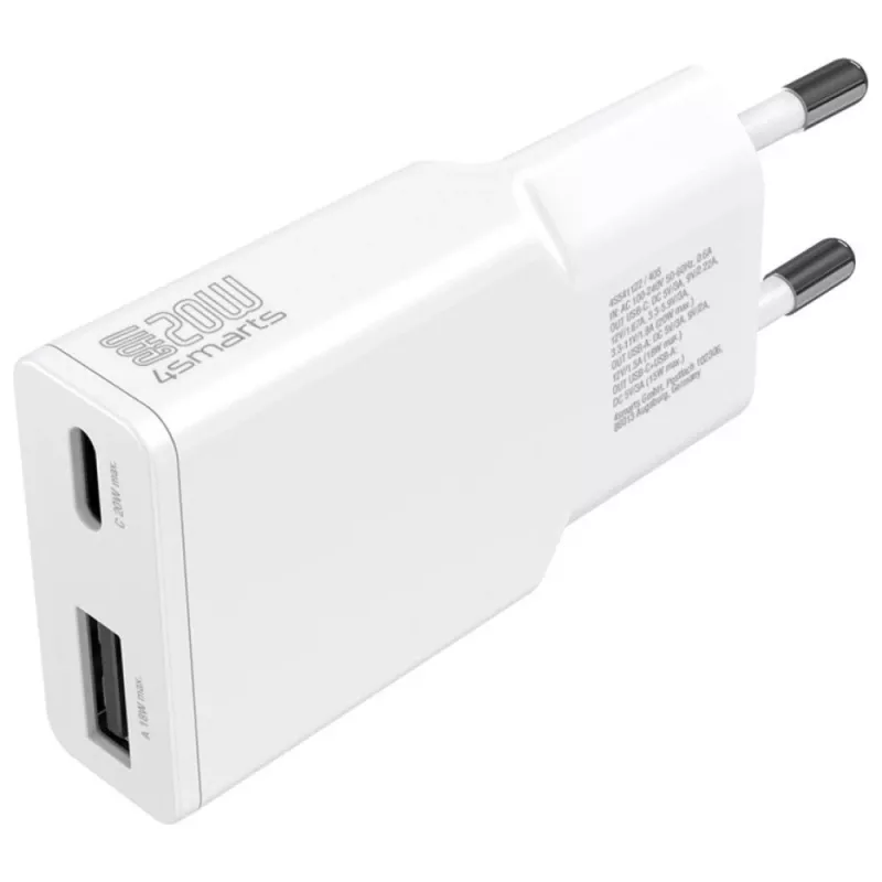 AC indoor mobile device charger 4smarts 541509 — 100–240V, USB-A + USB-C, 1.5 m cable, fast charging, white