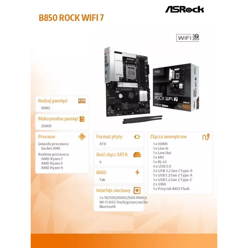 ASRock B850 Rock WiFi 7 Motherboard, AMD Socket AM5, ATX, DDR5, Wi-Fi 7