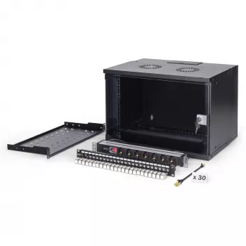 DIGITUS SOHO PRO 7U Wall-Mounted Network Cabinet Set, 19 inch, 60 kg Load, IP20, with 24-Port Cat6A Patch Panel, 24 Shielded Keystone Modules, 30x 0.25m S/FTP Patch Cables, 1U Shelf, 1U Power Strip, Black