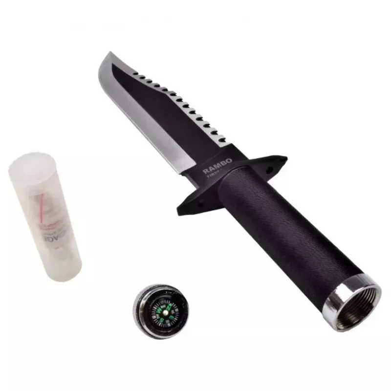 Fixed survival knife cinema classic CC-H2 — 400 mm overall, 250 mm steel blade, smooth and serrated, black handle, includes leather scabbard