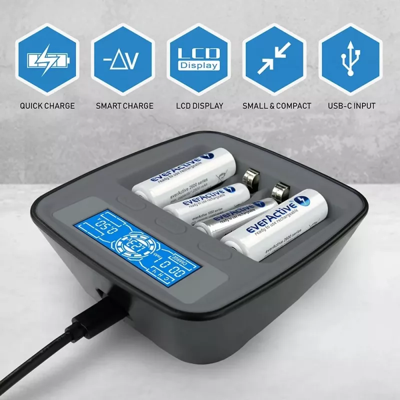 Battery charger everActive NC1000MV2 — Ni‑MH 4‑slot USB‑C charger, 4 cells, 5V, black, 110×99×38 mm