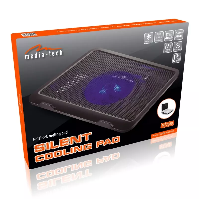 Cooling pad MEDIA-TECH MT2660 — USB-powered laptop cooler, 1 fan 13.5 cm, 20 CFM, 1000 RPM, 330×250×40 mm, 327 g, backlight