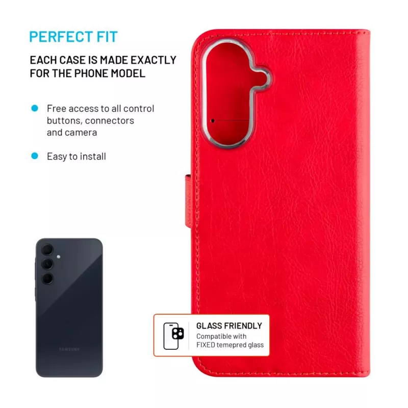 FIXED leather book case for Samsung Galaxy A36 5G — red, front-and-back protection, precise cutouts