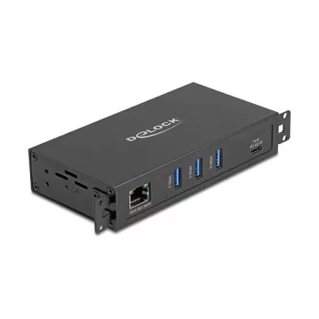 USB hub DELOCK 3-port 5 Gbps with RJ45 Gigabit PoE++ and USB Type-C host, metal case, 1.5 kV isolation, black