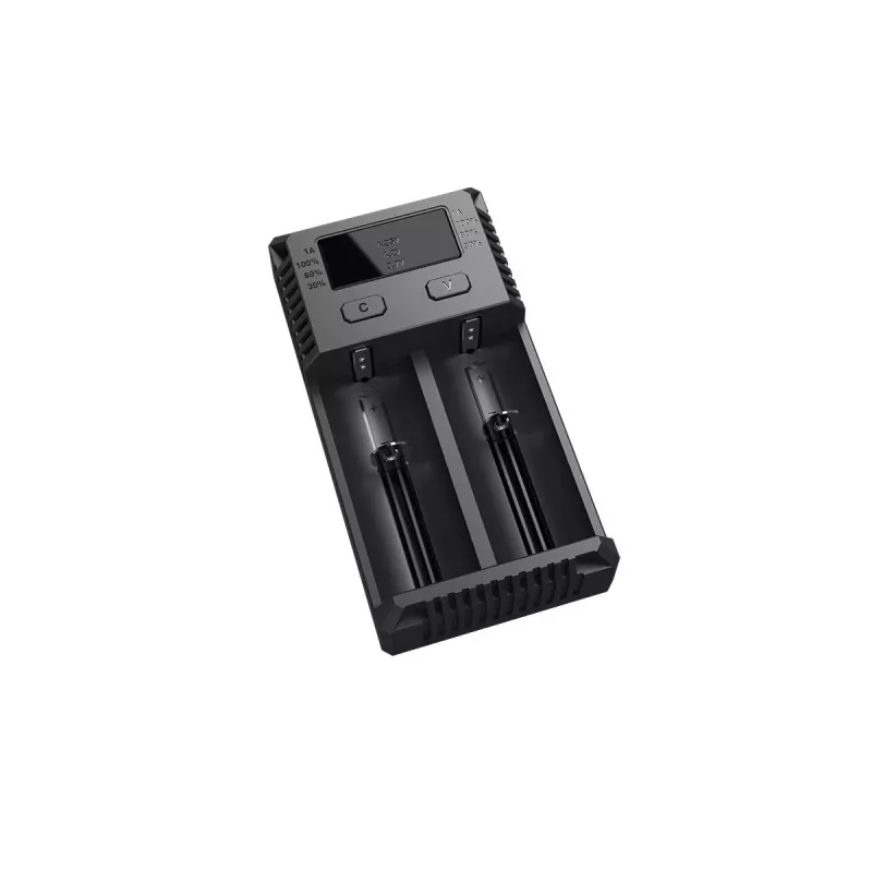 Battery Charger Nitecore NEW i2 — 2‑bay charger for LiFePO4, Li‑Ion, NiMH; input 100–240V; output 9–12V; supports AAAA/C/D/AAA/AA; black