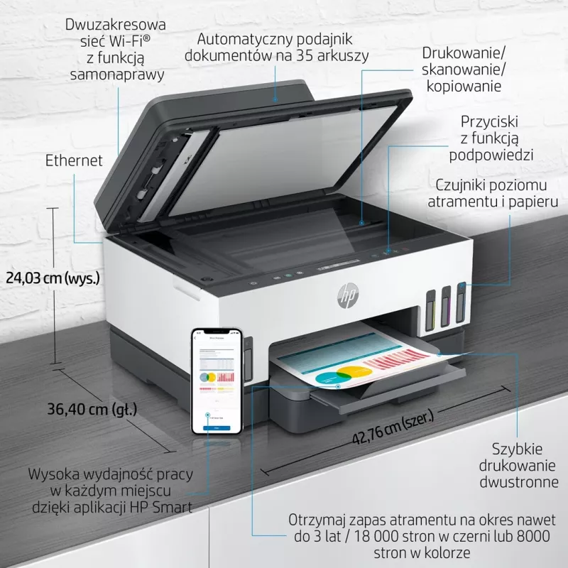 Impresora Multifuncional HP Smart Tank 750 Tinta Continua Color Wi-Fi Smart App duplex ADF Alimentador automatic