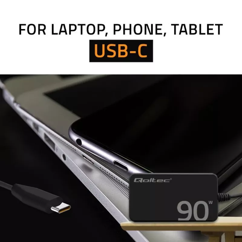 Qoltec 90W GaN Super Fast SLIM Wall Charger | XP | 5-20V | 4.5A | USB-C 3.1 | Laptop | MacBook | Smartphone | + cable