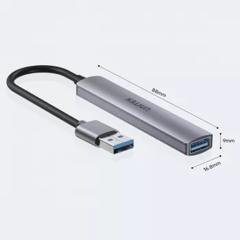 USB hub Unitek H1208A — 4 ports (1 × USB 3.2 Gen 1 Type-A, 3 × USB 2.0), aluminium housing, grey, 0.20 m cable