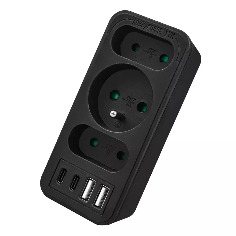 Power splitter MACLEAN MCE248 F/B — 3 AC sockets (1x16A, 2x6A) and 4 USB ports (2xUSB‑A, 2xUSB‑C PD 20W), EU plug, black